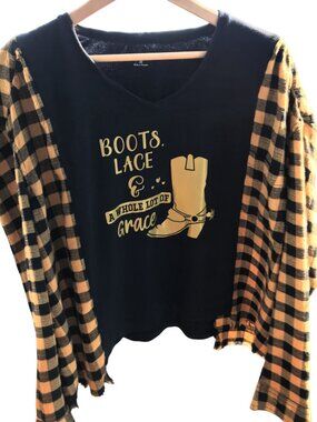 Upcycled Flannel Shirt, Oversized Cowgirl Boot Graphic Tee Gold Black M-L